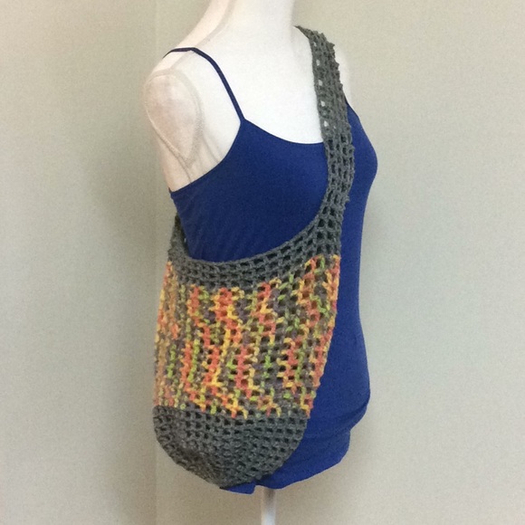 Hand Crafted Handbags - Handmade crochet market bag grey & multicolored